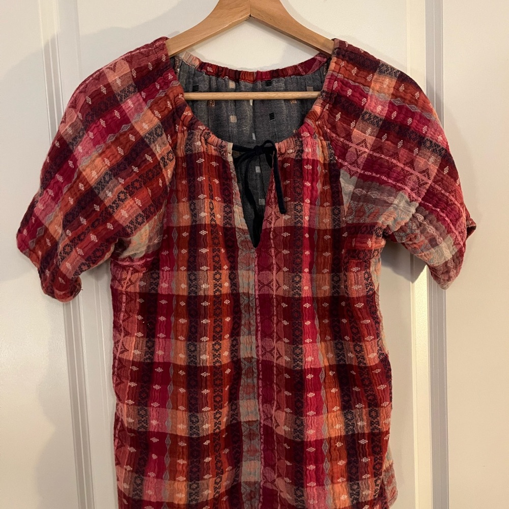 Ace & Jig Red Plaid Peasant Tunic with Pink and Orange Accents